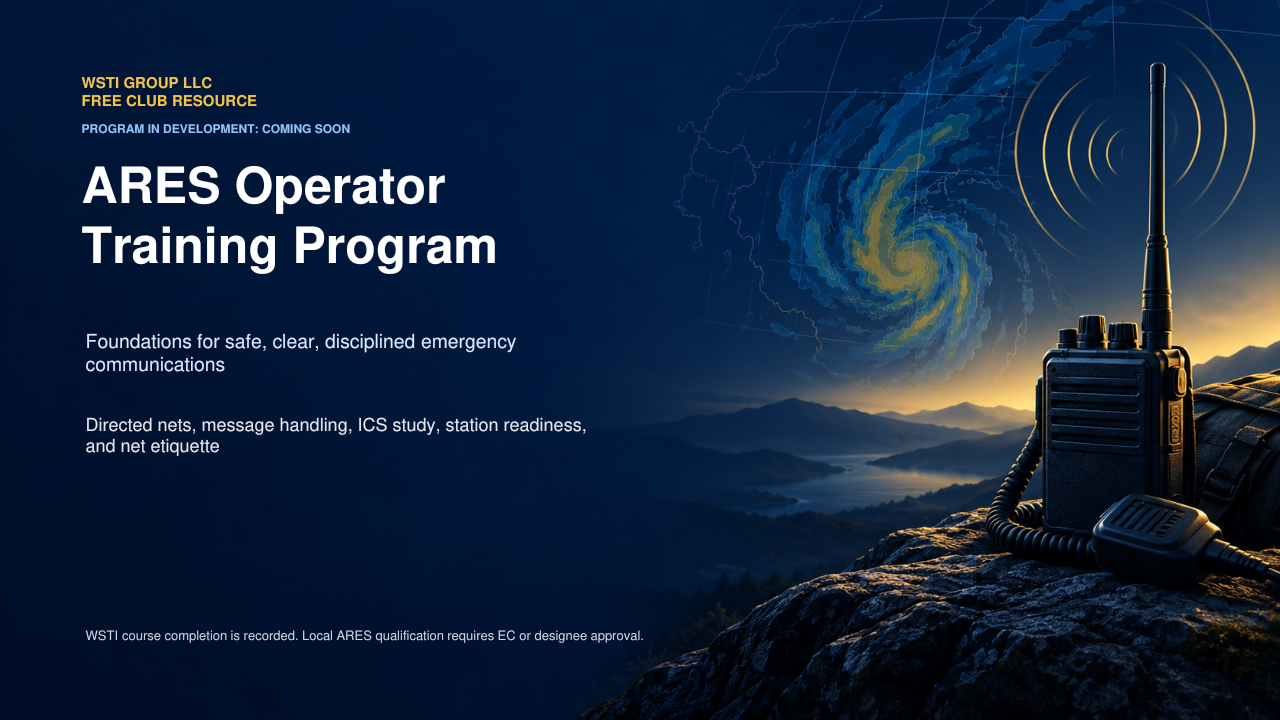 ARES Operator Training Program title slide with a handheld radio, radio waves, and a hurricane weather display.